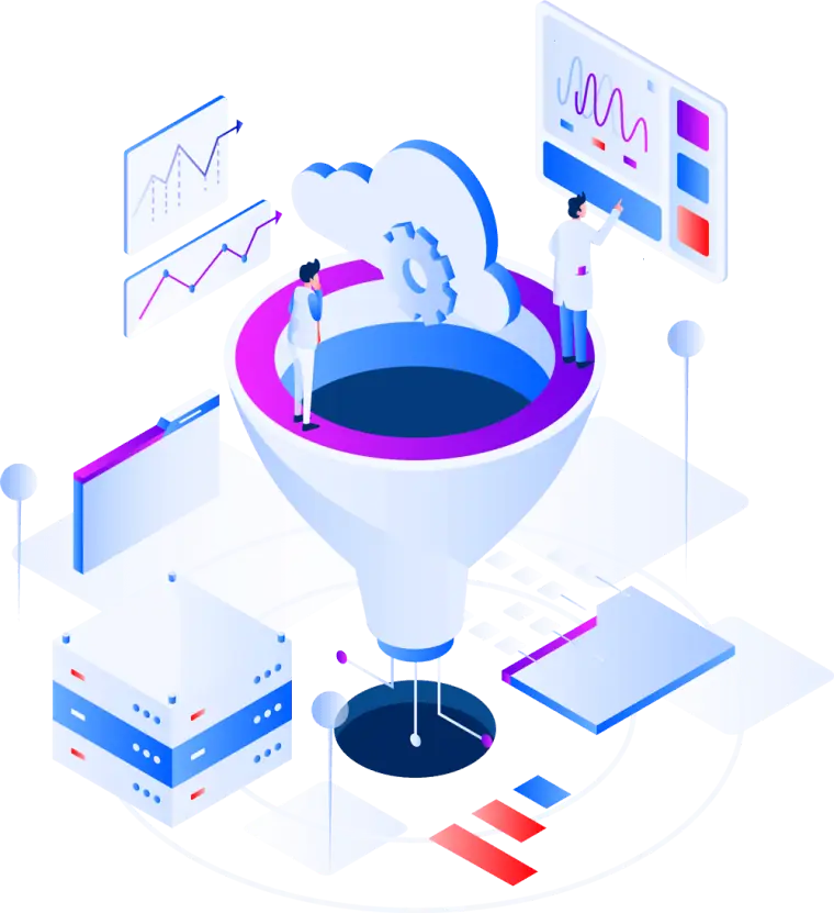 Illustration of traffic flowing through a funnel into analytics dashboards